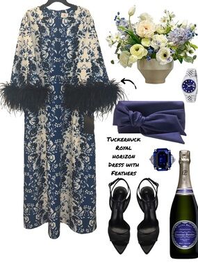 Tuckernuck Royal Horizon Feather-Trim Maxi Dress — Navy & Ivory